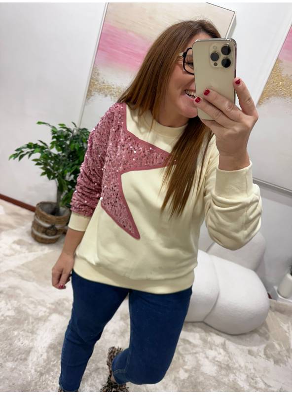 Sudadera estrella lentejuelas crudo